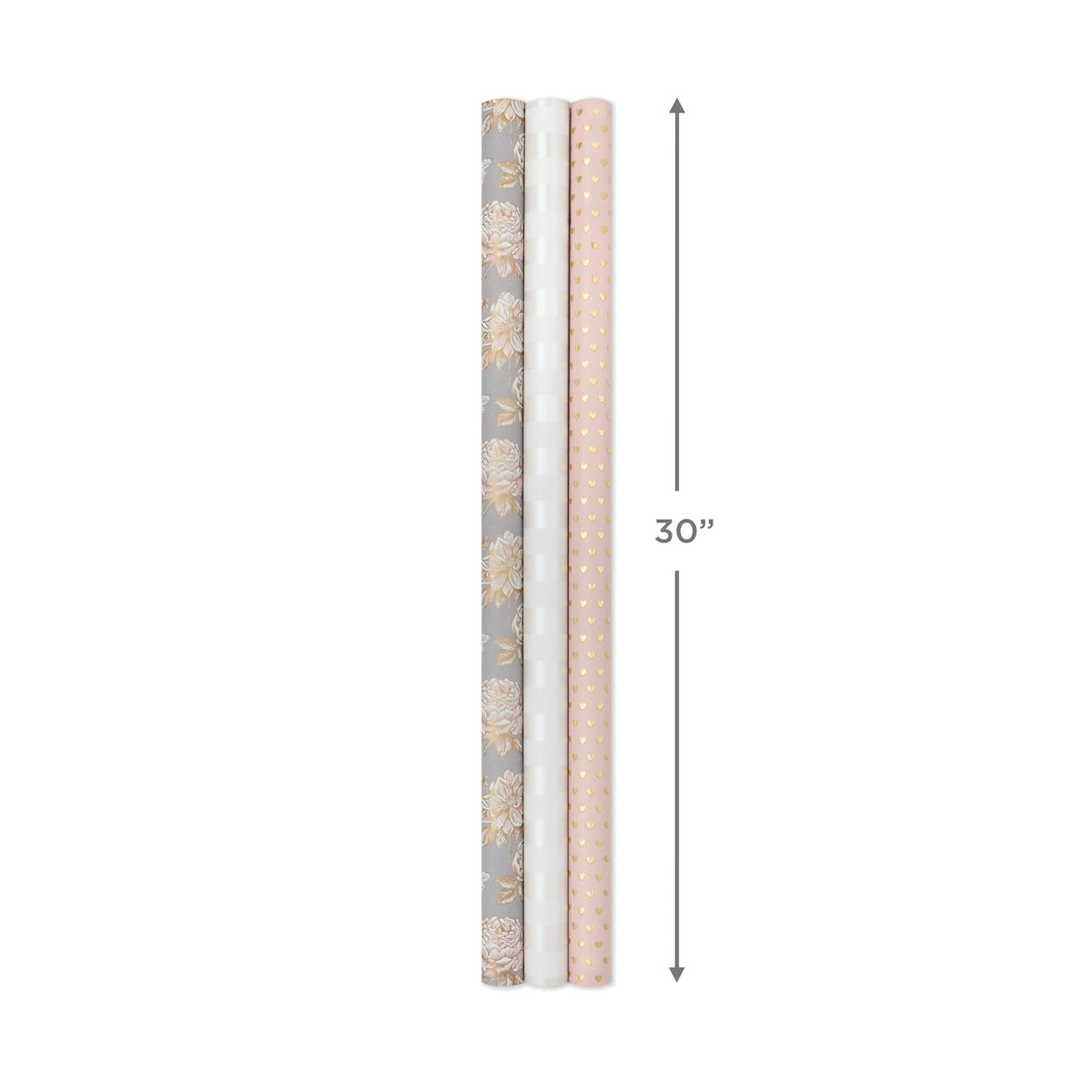 Hallmark - Rollos de papel de regalo para boda, corazones dorados, flores de rosa, rayas blancas (juego de 3 rollos: 85 sq. ft. ttl) para despedidas de soltera, cumpleaños, bodas, día de la madre, día