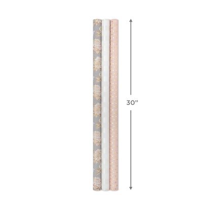 Hallmark - Rollos de papel de regalo para boda, corazones dorados, flores de rosa, rayas blancas (juego de 3 rollos: 85 sq. ft. ttl) para despedidas de soltera, cumpleaños, bodas, día de la madre, día