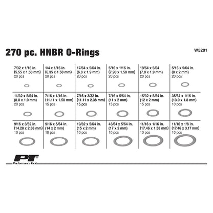 Performance Tool Anillos O Métricos W5201, 270 Piezas, Verde | Surtido de kit de sellos de reparación automotriz y herramientas. Nitrilo butadieno hidrogenado. Resistente a productos