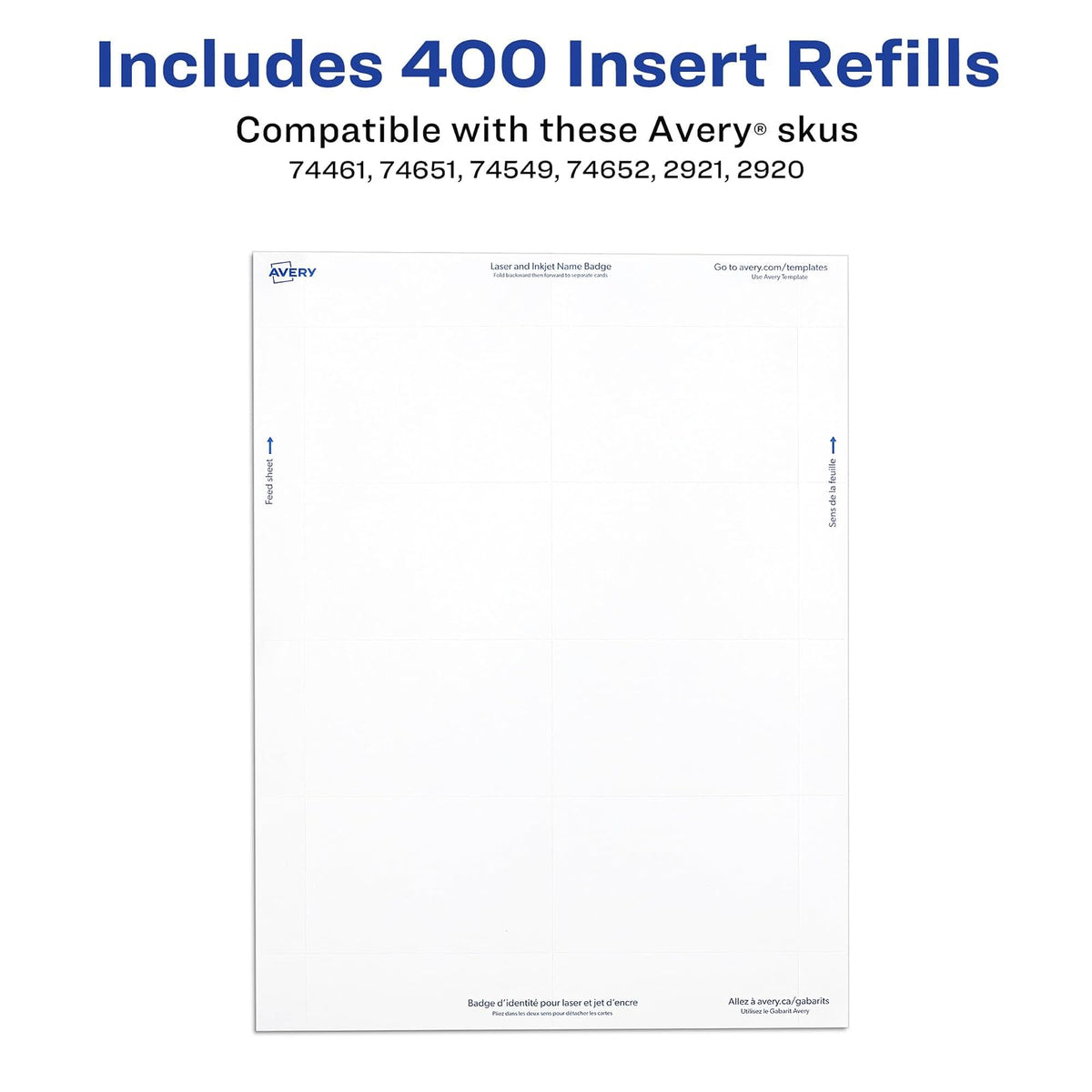 Avery 5392 - Tarjetas para gafete de identificación, para impresión o escritura, 7.62 cm x 10.16 cm, 300 recambios de cartulina, 5.71 cm x 8.89 cm, Blanco, 400 name tags
