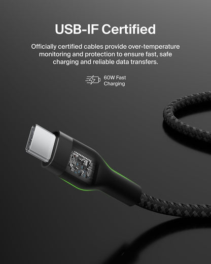 Belkin BoostCharge Pro Flex Cable de carga trenzado USB-C a USB-C (6.5 pies/2 m), cable de carga rápida certificado USB-IF para iPhone 16 Series, MacBook, Galaxy S25, Nintendo Switch 2 y más, color