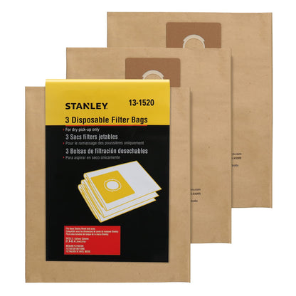 Stanley 13-1520 - Bolsa de filtro desechable para aspiradoras húmedas o secas de 10 galones, paquete de 3