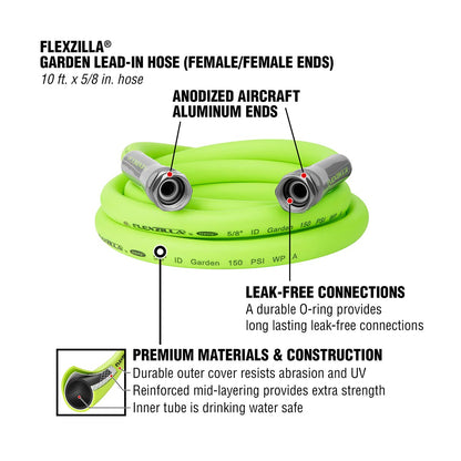 Flexzilla - Manguera de entrada de jardín, 5/8" x 10', accesorios hembra a hembra (3/4" - 11 1/2 GHT)