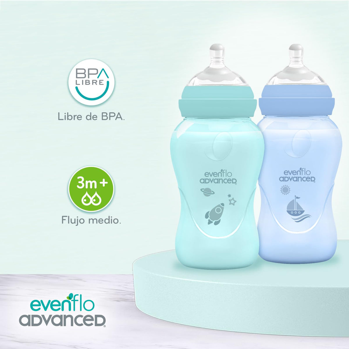 Evenflo Advanced Biberones Anticólicos Cuello Ancho, Azul y Teal, Flujo Medio, 270ml, Silicón Libre de BPA, Sistema Doble Válvula, 2 Piezas
