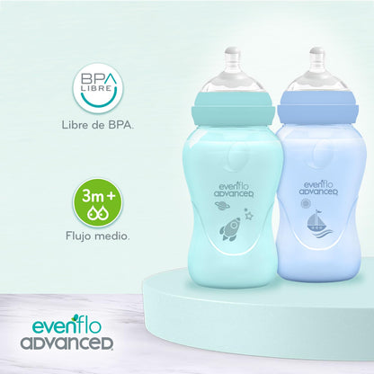 Evenflo Advanced Biberones Anticólicos Cuello Ancho, Azul y Teal, Flujo Medio, 270ml, Silicón Libre de BPA, Sistema Doble Válvula, 2 Piezas