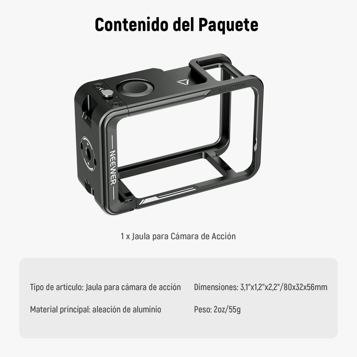NEEWER Cámara Acción Cage para Osmo Action 5 Pro / 4/3, Protector Metal Video Rig con Zapata Fría, Rosca 1/4", Botón Obturador Compatible con dji Mic Magnetic Adapter Mount Accessories, AC014 Negro