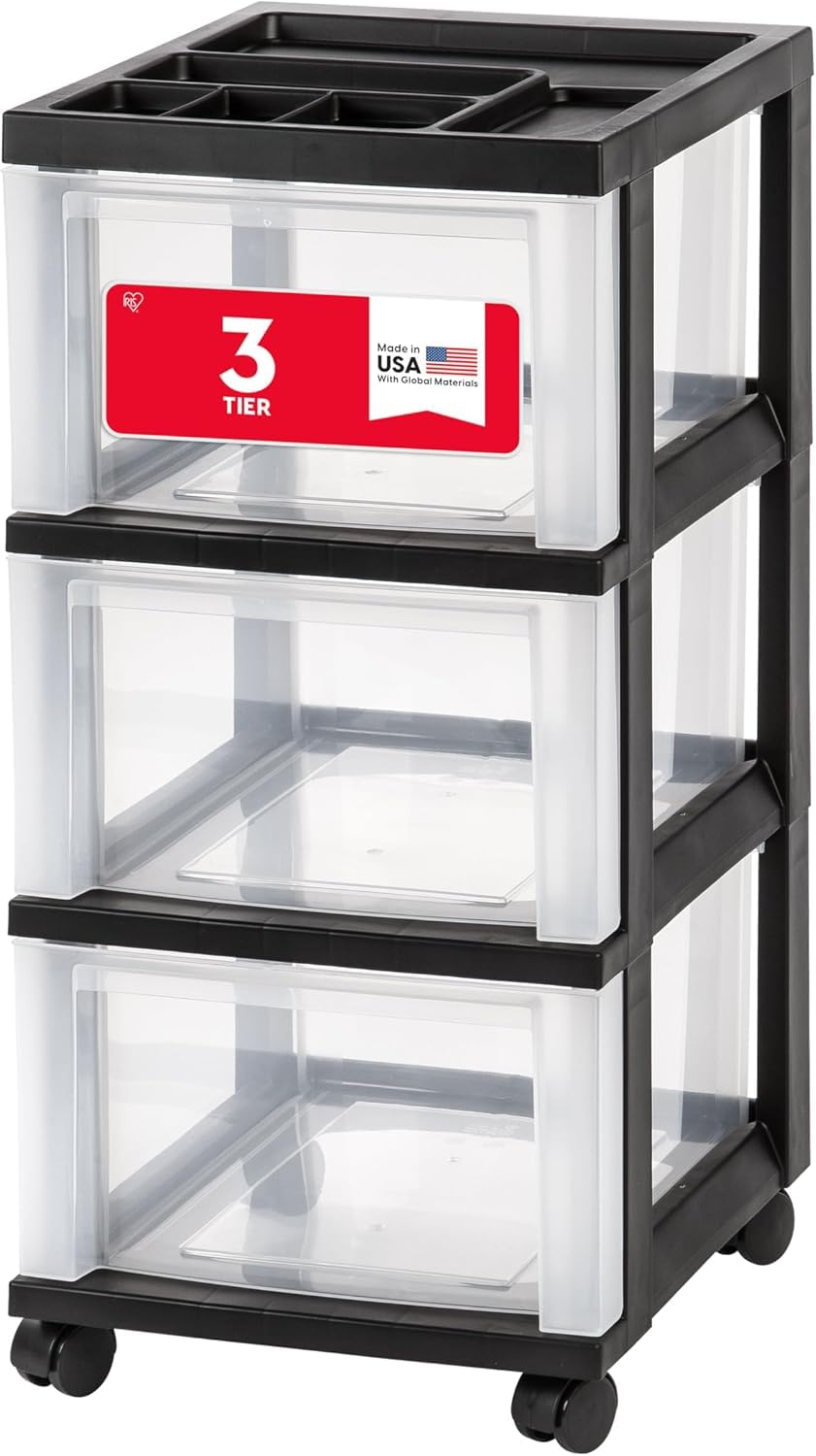 IRIS USA Carrito Organizador con Ruedas de 3 Cajones, Negro/Transparente | Organiza manualidades, artículos de oficina, salón y accesorios con cajones de fácil acceso para uso diario
