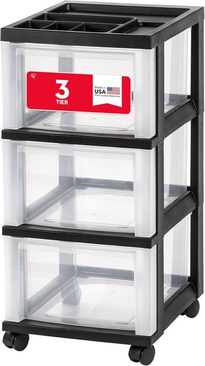 IRIS USA Carrito Organizador con Ruedas de 3 Cajones, Negro/Transparente | Organiza manualidades, artículos de oficina, salón y accesorios con cajones de fácil acceso para uso diario