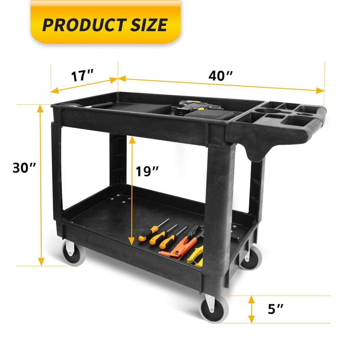 MaxWorks 50993 Carrito de Polipropileno de Servicio utilitario de 500 Libras con Dos bandejas y Ruedas, 40 x 17 Pulgadas. Dimensiones totales