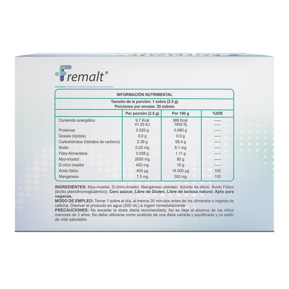 Fremalt Polvo Suplemento Alimenticio en Polvo a Base de Myo-inositol y Acido F?lico, Con 30 Sobres de 2.5 Gr, Para Restaurar las Alteraciones Metab?licas y Reproductivas, Apto para Pacientes