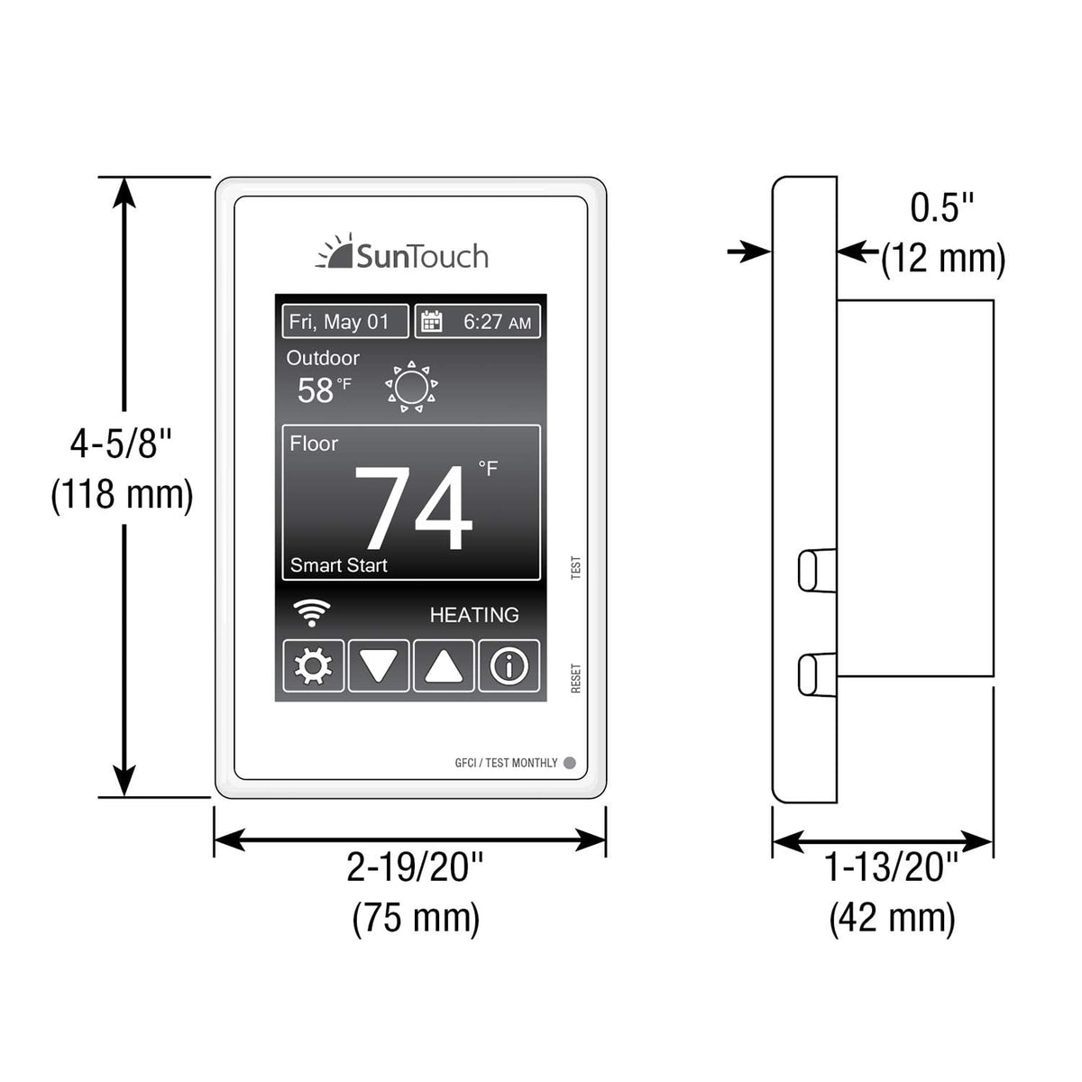 SunTouch SunStat Command - Termóstato programable con visualización táctil a color para sistemas de calefacción por piso eléctrico, múltiples opciones de color de fondo, control de detección de piso y