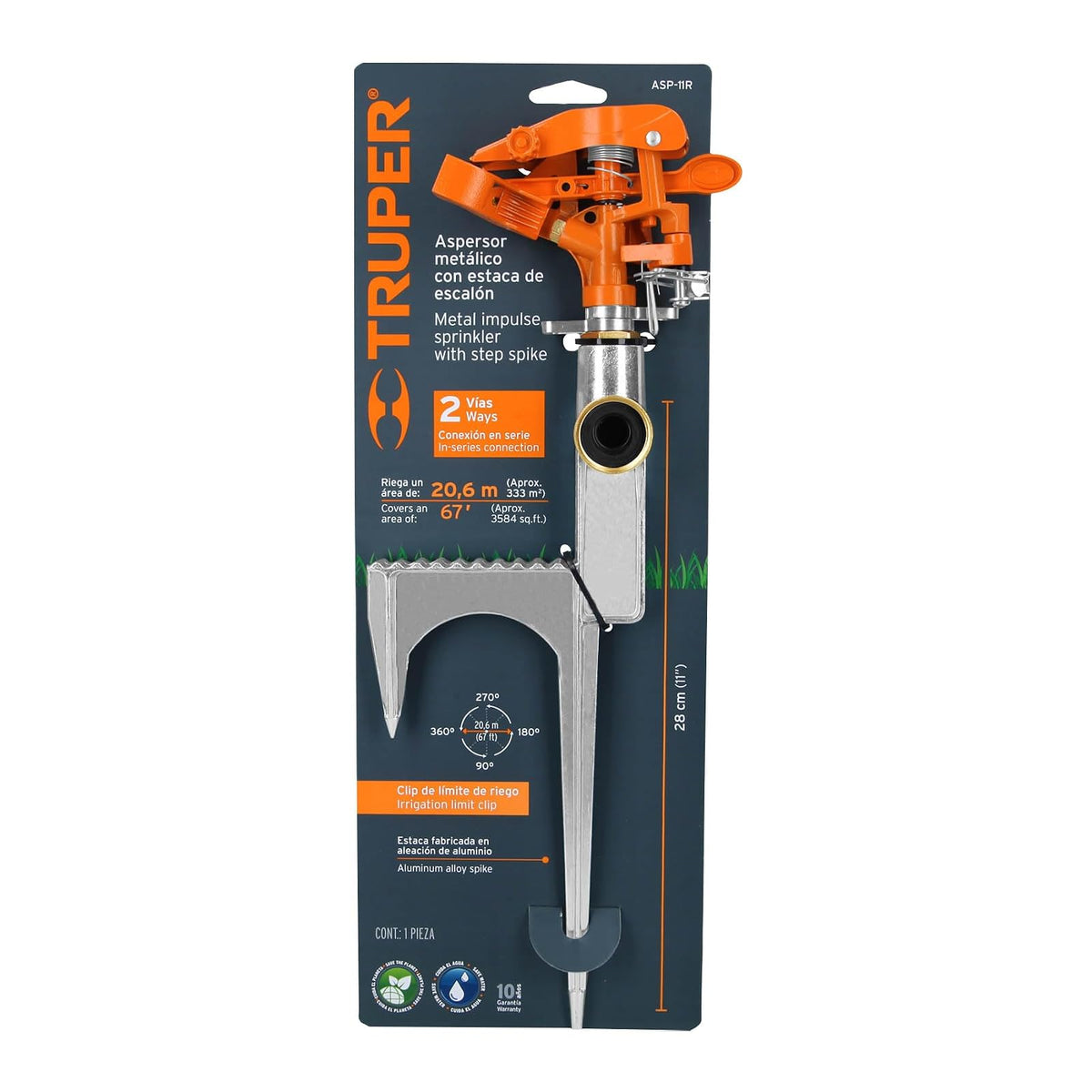 Truper ASP-11R, Aspersor metálico reforzado, estaca de escalón