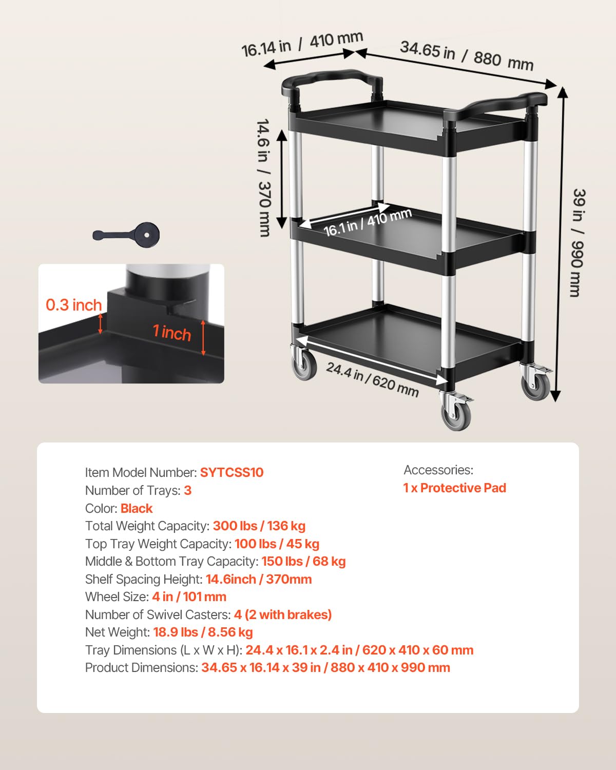 VEVOR Carro utilitario, Capacidad de Carga de 300 Libras, Carro de plástico utilitario de 3 Niveles con Ruedas giratorias de 360° (2 con Frenos), Carrito de Servicio de Alimentos de 24.5 x 16.1