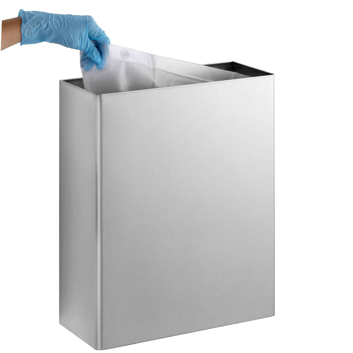 Bobrick Receptáculo de residuos montado en superficie, capacidad de 6.4 galones, acero inoxidable satinado, diseño de parte superior abierta con forro de vinilo extraíble, 14 pulgadas de ancho x 18