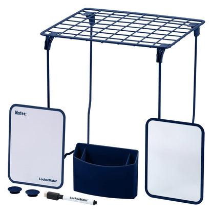 LockerMate Kit Organizador de 7 Piezas, Incluye Estante de casillero, Espejo, Pizarra Blanca, Taza de Almacenamiento y Marcador de borrado en seco, Azul Marino
