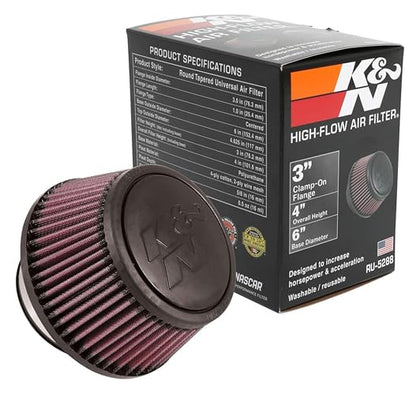 K&N RU-5288 Filtro de Aire Universal de Alto Flujo con Brida de 3 in y Altura de 3 in, Lavable