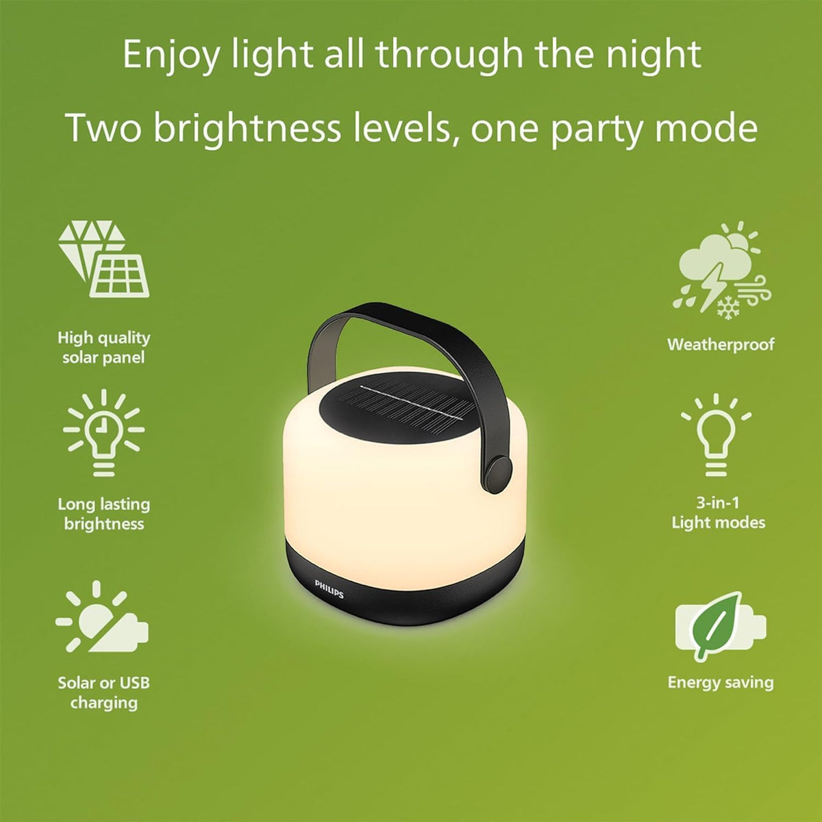 PHILIPS LED solar portátil 3 en 1 ajuste de luz 1 paquete de 1 paquete de blanco brillante (3000 K) y cambio de color 80/20 lúmenes, impermeable y recargable