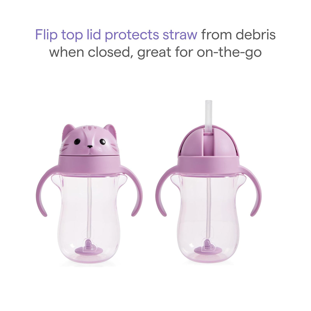 Munchkin Any Angle - Taza de entrenamiento con popote con peso a prueba de derrames, tazas de transición para niños pequeños y bebés, tecnología Click Lock y divertido diseño de gato, 10 onzas, morado