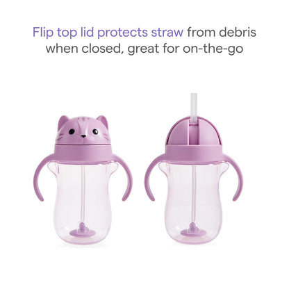Munchkin Any Angle - Taza de entrenamiento con popote con peso a prueba de derrames, tazas de transición para niños pequeños y bebés, tecnología Click Lock y divertido diseño de gato, 10 onzas, morado