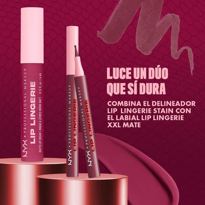 NYX Professional Makeup Lip Lingerie Lip Stain, Delineador para labios de larga duración, a prueba de agua, aplicador en formato boligrafo, Fórmula vegana 1 ml - Tono Cuff Me