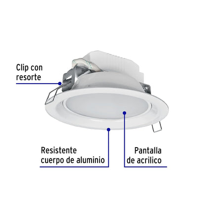 Volteck Lait EMP-101L, Luminario LED empotrable de 6 W, luz blanca fría 6500K, redondo, color blanco