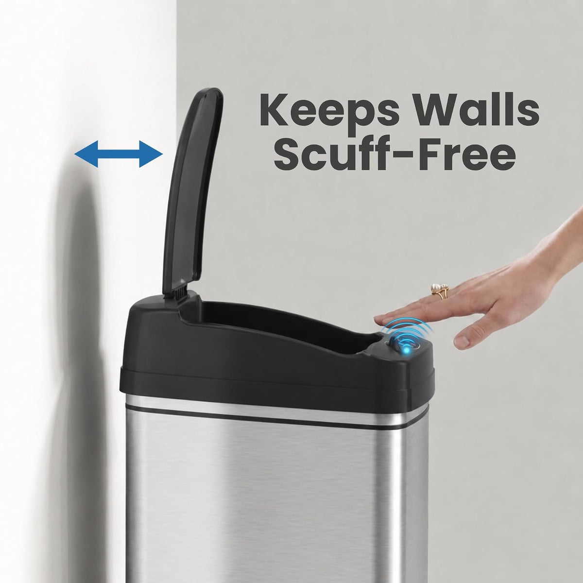 iTouchless - Sistema de control de olores para cubos de basura con sensor deslizante, cubo de basura automático de cocina y oficina (alimentado por batería o adaptador de CA opcional), 49.2 l, acero inoxidable con ruedas