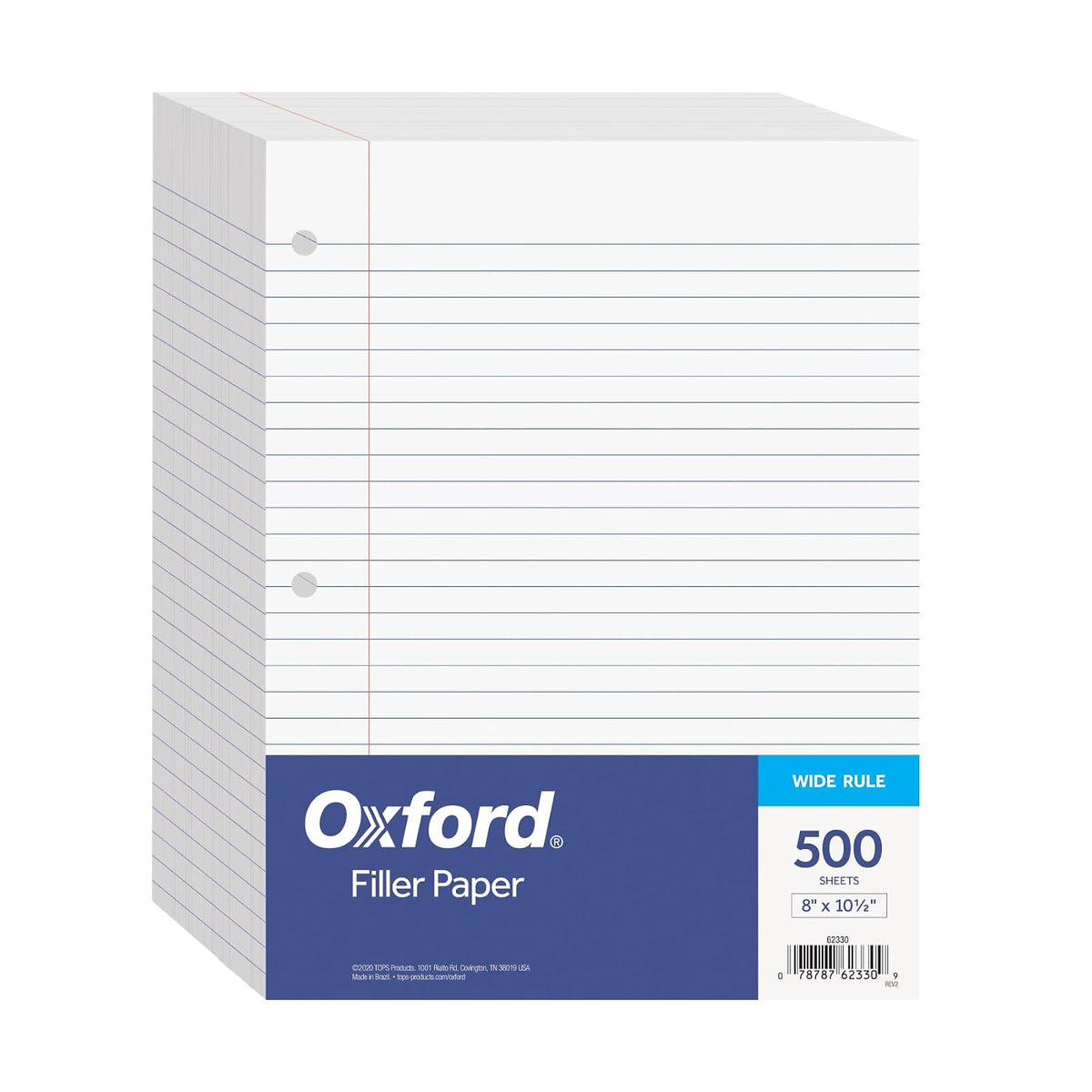 Oxford 62330 - Papel de relleno con rayas de 8 x 10-1/2 pulgadas de ancho, perforador de 3 agujeros, papel de cuaderno de hojas sueltas para carpetas de 3 anillos, 500 hojas (62330), blanco