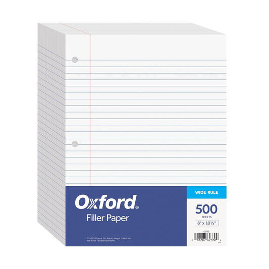 Oxford 62330 - Papel de relleno con rayas de 8 x 10-1/2 pulgadas de ancho, perforador de 3 agujeros, papel de cuaderno de hojas sueltas para carpetas de 3 anillos, 500 hojas (62330), blanco