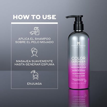 MARTHA DEBAYLE Shampoo COLOR DEFENDER. Protección extrema para el cabello teñido. Con extractos naturales de Jengibre de Awapuhi. Sin parabenos, libre de sulfatos y ftalatos. 450 ml