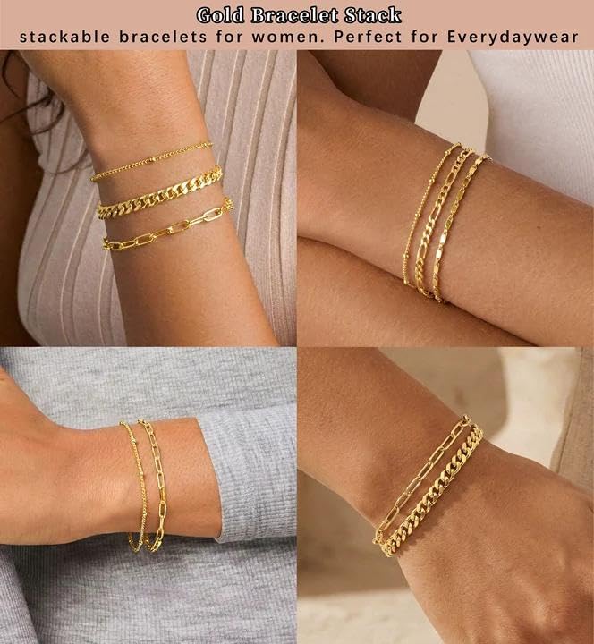 Juego de pulseras de oro Gokeey para mujer, sin decoloración, modernas, chapadas en oro de 14 quilates, delicadas, apilables, pulseras de eslabones cubanos, cadenas de eslabones de papel, pulseras de
