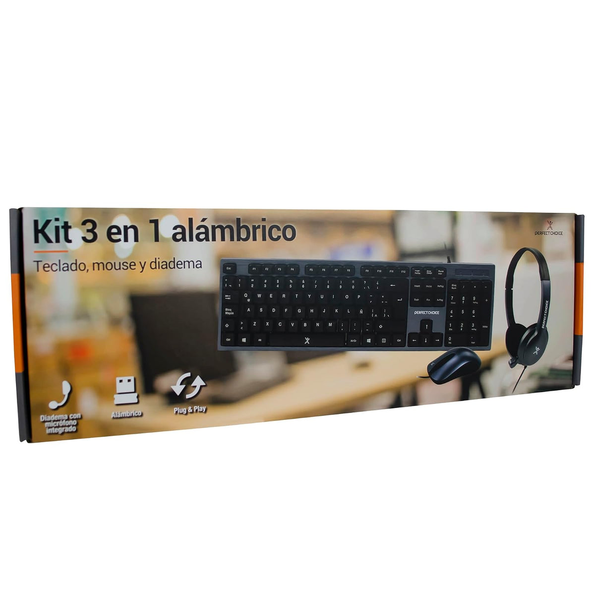 Perfect Choice Kit de Auriculares, Teclado y Mouse con Cable Kit 3 en 1 - Teclado inalámbrico de Membrana - Auriculares ergonómicos con micrófono omnidireccional - Mouse USB(Azul)