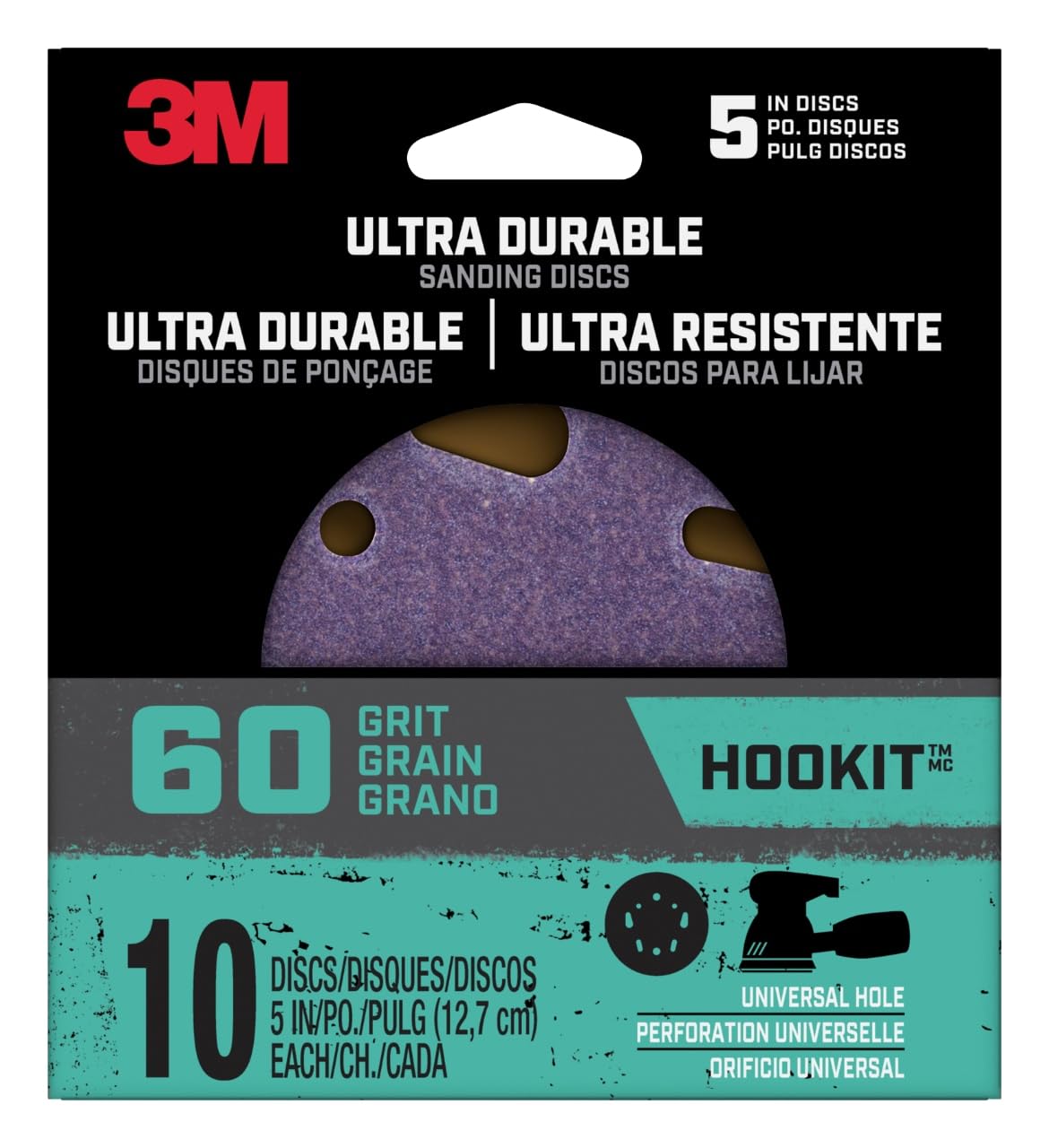 3M Discos de lijado de energía ultra duraderos de 5 pulgadas, orificio universal, grano 60, paquete de 10