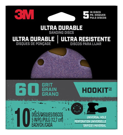 3M Discos de lijado de energía ultra duraderos de 5 pulgadas, orificio universal, grano 60, paquete de 10