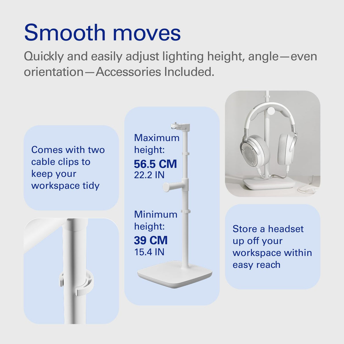 Stand para Key Light Neo – Soporte de escritorio con base pesada, altura e inclinación ajustables, soporte para auriculares, blanco limpio – Para Key Light Neo o Facecam Neo