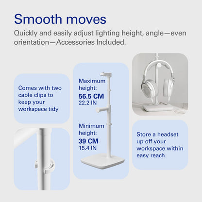 Stand para Key Light Neo – Soporte de escritorio con base pesada, altura e inclinación ajustables, soporte para auriculares, blanco limpio – Para Key Light Neo o Facecam Neo