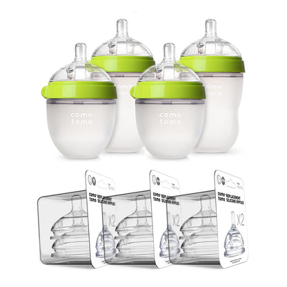 Comotomo Bundle de 4 Biberones de 2 X 150 Ml, 2 X 250 Ml, Anillo Verde, 3 Set de Tetinas Repuesto