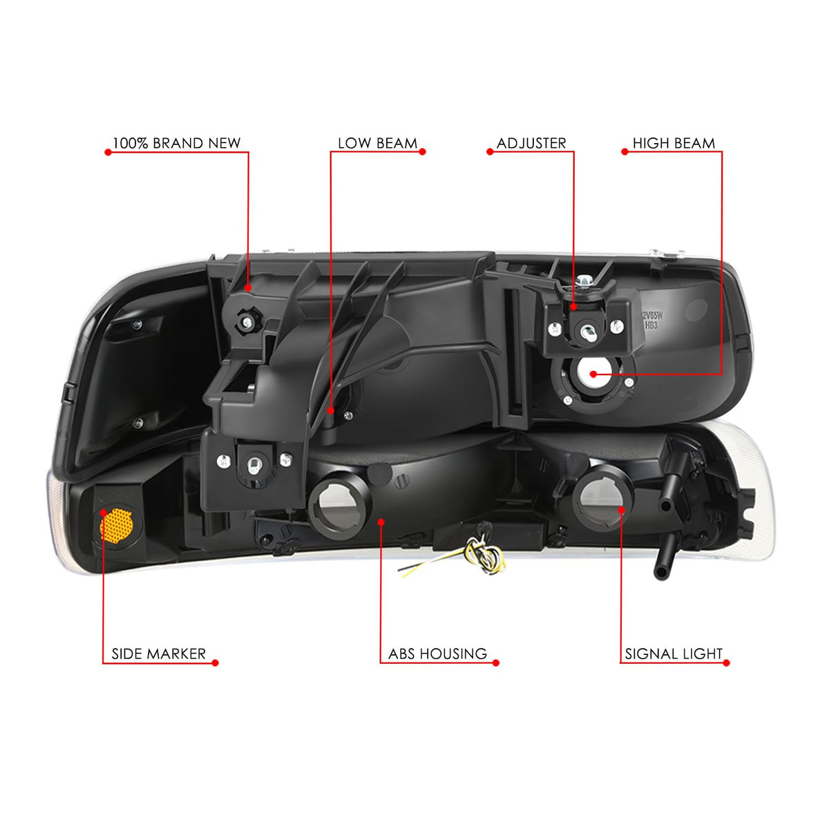 DNA MOTORING - Par de Faros Delanteros Transparentes, Reflector ámbar halógeno/LED Compatible con Silverado 1500/1999-2002 Silverado/2001-2002 Silverado 2500 HD, HL-SSLB-CSIL99-4P-BK-AM