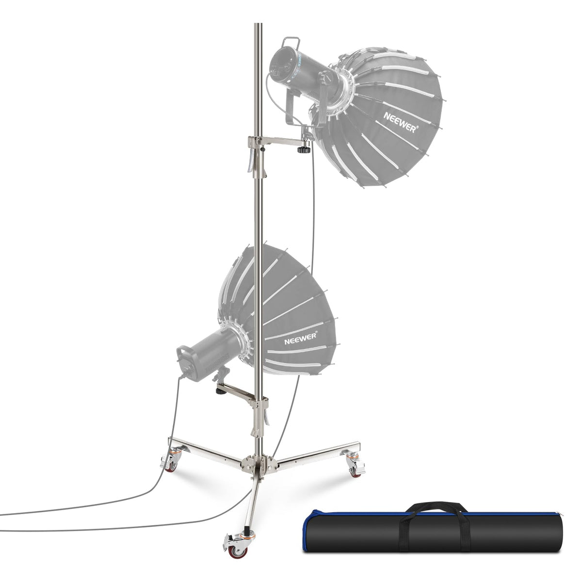 NEEWER - Soporte de luz de acero inoxidable de 198 cm, soporte de trípode resistente con ruedas giratorias, 2 brazos deslizantes con agarre de pistola, pata plegable para fotografía Softbox Monolight,