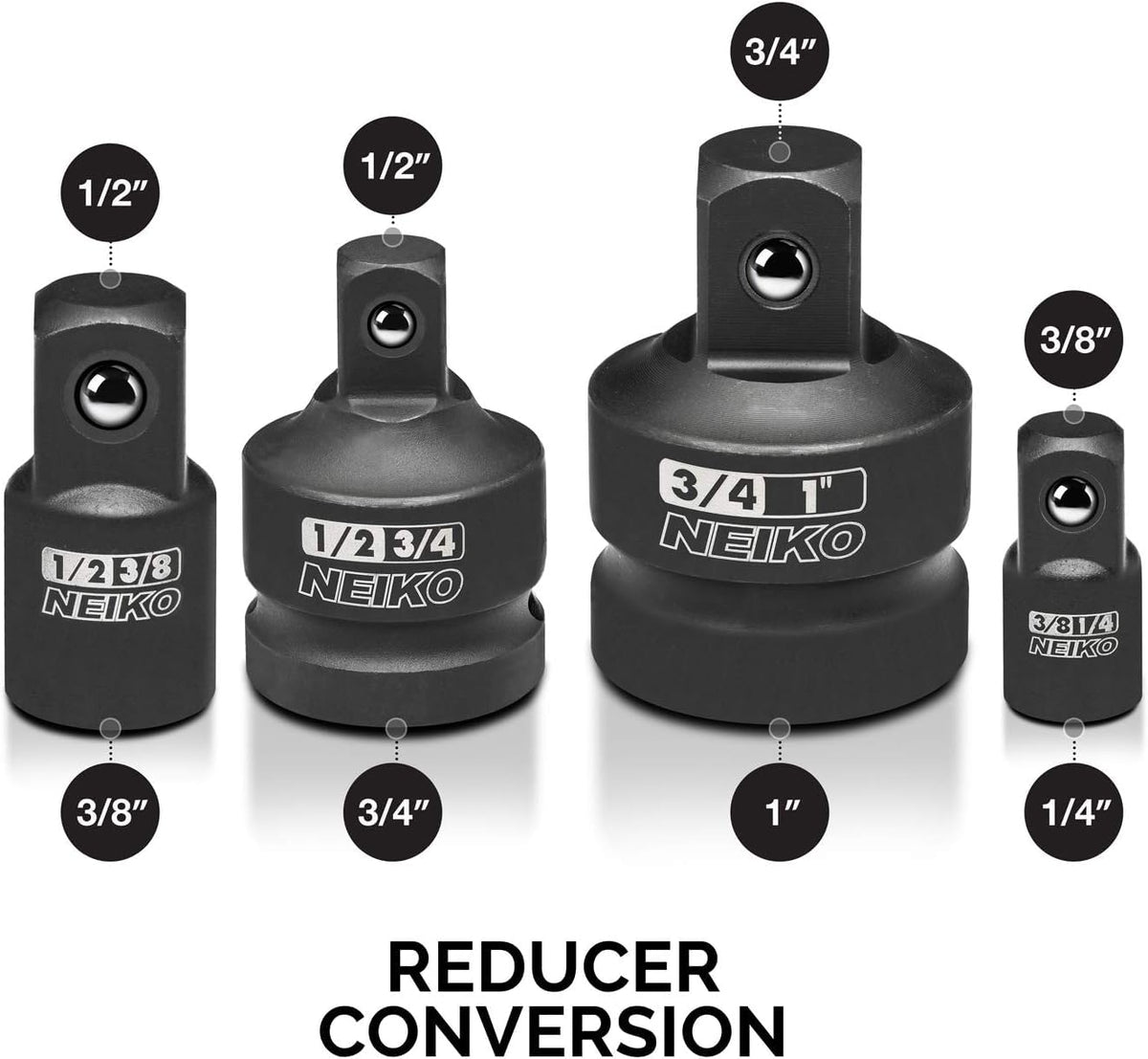 Neiko Adaptadores Reductores Impacto 30223A | 8 piezas, tamaños SAE estándar, acero Cr-V, detente de bola, square drive