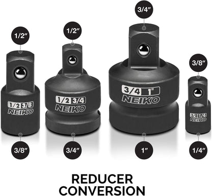 Neiko Adaptadores Reductores Impacto 30223A | 8 piezas, tamaños SAE estándar, acero Cr-V, detente de bola, square drive