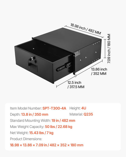 VEVOR Cajón para Montaje en Rack de 4U, Carga de 22,68 kg, Cajón Deslizante con Cerradura y Orificios para Gestión de Cables, para Rack o Gabinete de AV para Servidores de Equipos de Red de 48,26 cm