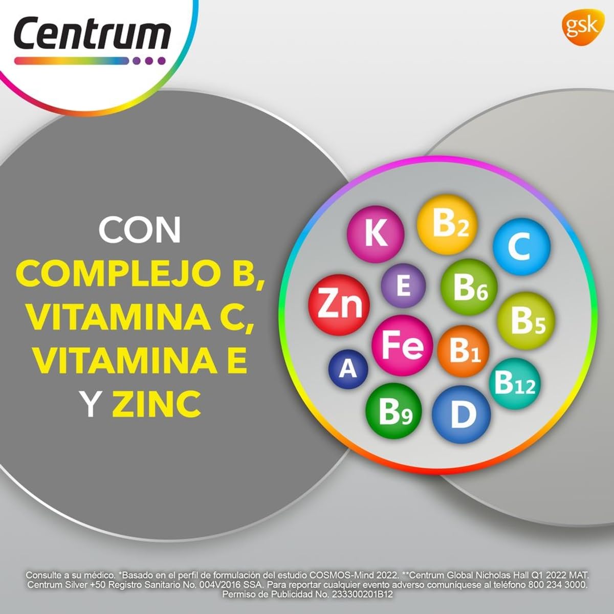Centrum Multivitamínico Silver +50 con Magnesio, Vitamina C, Calcio, Potasio y Zinc, 60 Tabletas