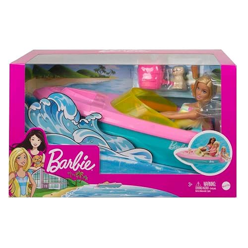 Barbie, Set de Juego Bote Acuático con Muñeca y Perrito, Lancha Flotante con Accesorios Plug-and-Play, para Niñas de 3 Años en Adelante