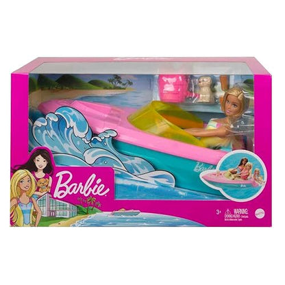Barbie, Set de Juego Bote Acuático con Muñeca y Perrito, Lancha Flotante con Accesorios Plug-and-Play, para Niñas de 3 Años en Adelante