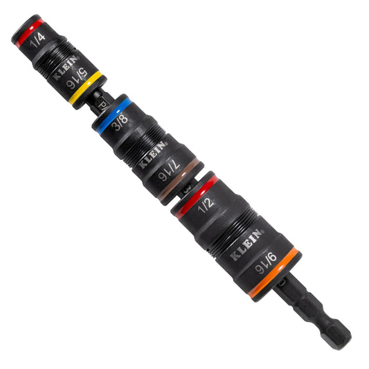 Klein Tools 32933 Klein Tools 32933 - Juego de llaves de impacto SAE 7 en 1, 3 enchufes giratorios con 6 tamaños de destornillador hexagonal y soporte de brocas de 1/4 pulgadas, eje de 5 pulgadas