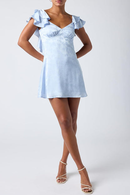 Lulus Sinclair Flutter Sleeve Satin Jacquard Mini Dress Vestido Informal Mujer