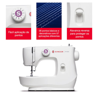 SINGER® M1605 Máquina de Coser Mecánica 6 Puntadas Ideal Para Principiantes | Ojal cuatro pasos, estructura metálica, uso doméstico, costura fácil, adecuada quienes recién comienzan a practicar cada día