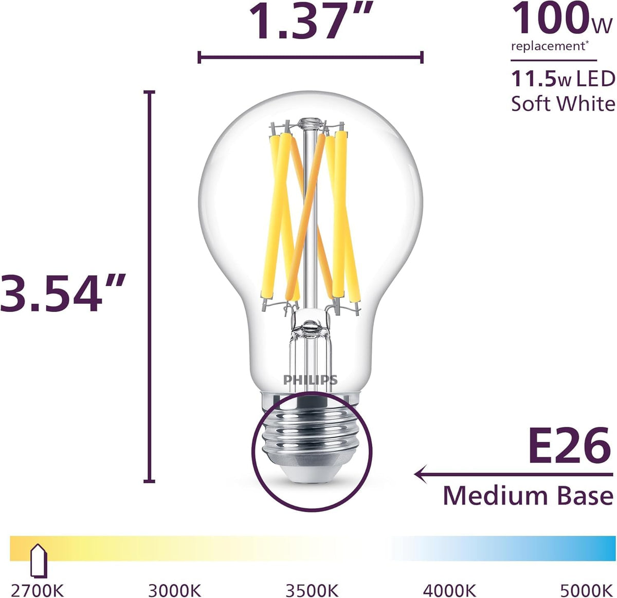 Philips foco LED A19 sin parpadeo transparente regulable, tecnología EyeComfort, 800 lúmenes, blanco suave (2700 K), 8 W = 60 W, base E26, certificado por título 20, ultra definición, interior,