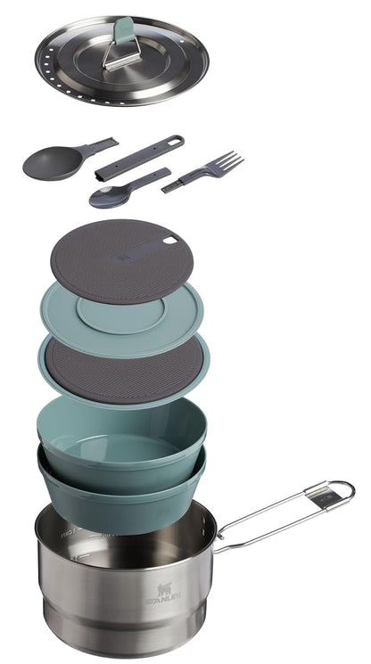 Stanley Wildfare Go - Juego de 14 Piezas de Acero Inoxidable para Preparar y cocinar | Cacerola de 1.65 Cuartos con Mango Plegable y Bloqueado | Cuencos, Utensilios, Tabla de Cortar | Esenciales de
