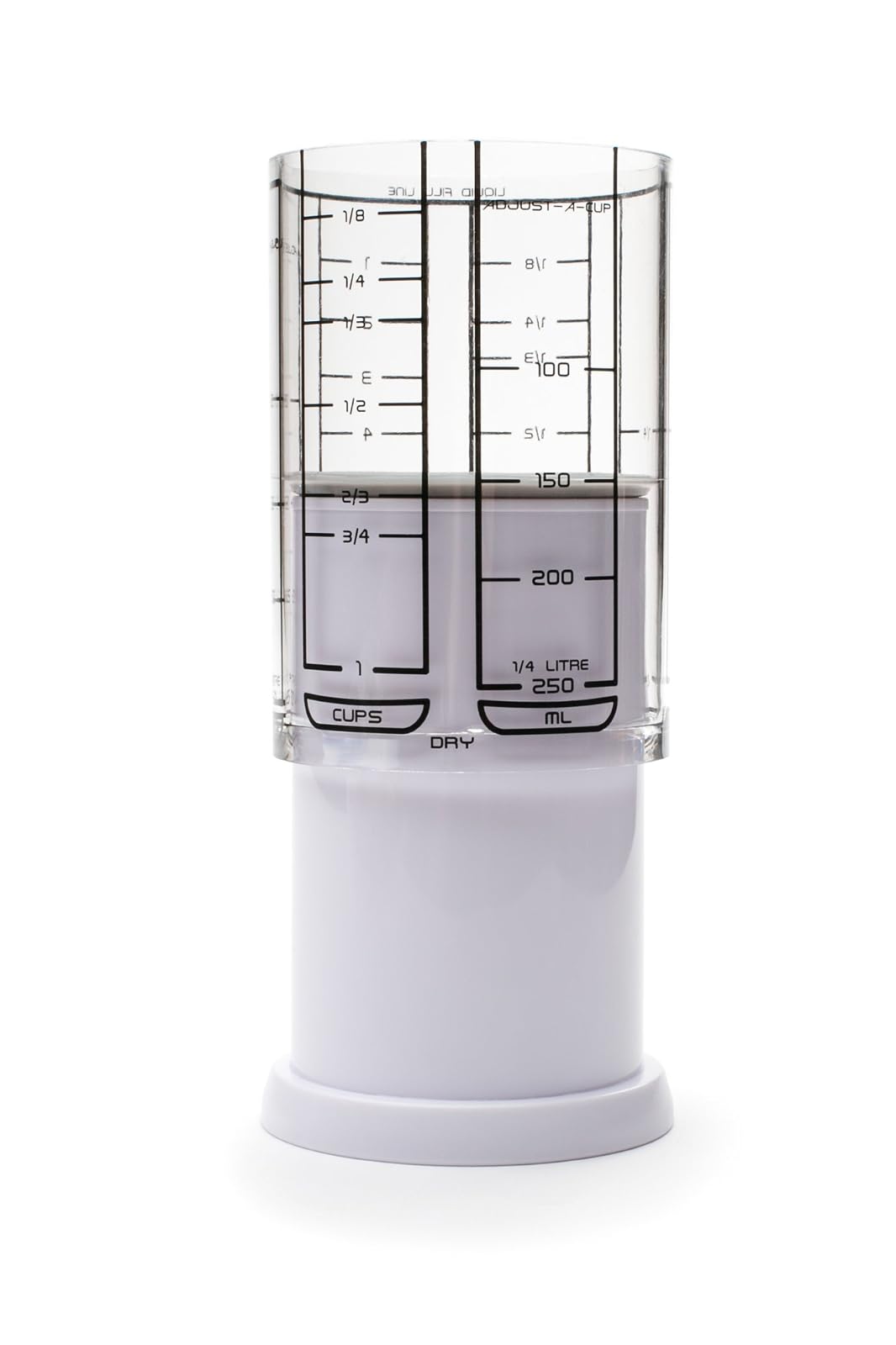 KitchenArt Taza Medidora Ajustable de 2 Tazas, Color Blanco | Taza medidora de émbolo | Mide entre 1/8 taza y 1 taza | Incluye conversiones | Gadget de cocina | Mide sólidos y líquidos